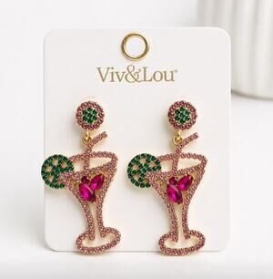 Viv & Lou Cosmo Drink Rhinestone Earrings New